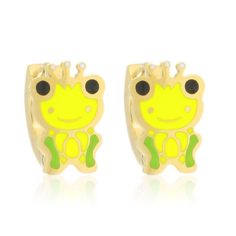 NO1109-EAP49601_01 Cercei pentru copii din oțel inoxidabil placat cu aur 14K, cu figurine broscuțe vesel decorate cu email galben-verde, hipoalergenici, Noem® - imagine 1