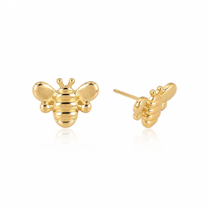NO1110-EAP51033_01 Cercei pentru copii din oțel inoxidabil placat cu aur 14K, model 3D albinuță, sistem de închidere pe șurub, hipoalergenici, Noem® - imagine 1