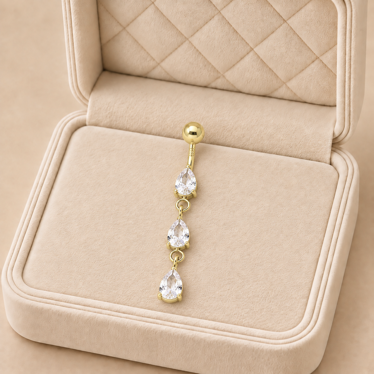 NO1141-88983_01 Cercel piercing pentru buric din oțel inoxidabil placat cu aur de 14 K, model lung atârnător cu 3 zirconii în formă de lacrimă, 45/5 mm, hipoalergenic, Noem® - imagine 1