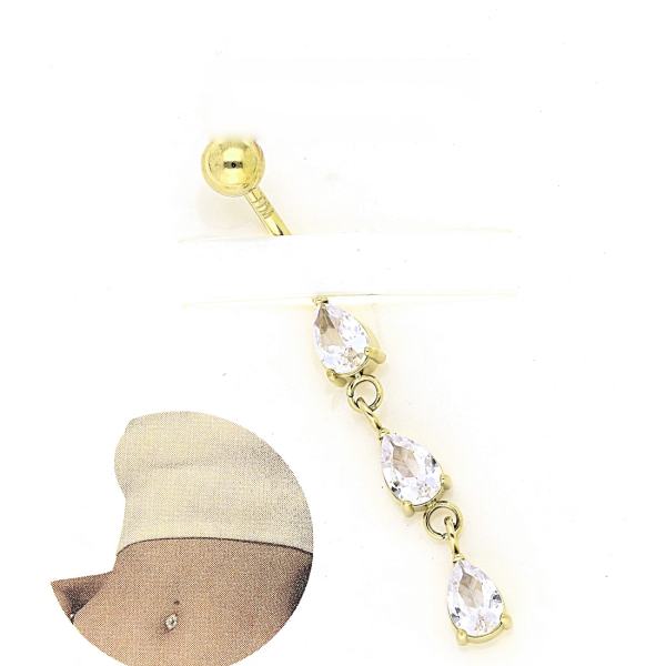 Cercel piercing pentru buric din oțel inoxidabil placat cu aur de 14 K, model lung atârnător cu 3 zirconii în formă de lacrimă, 45/5 mm, hipoalergenic, Noem®