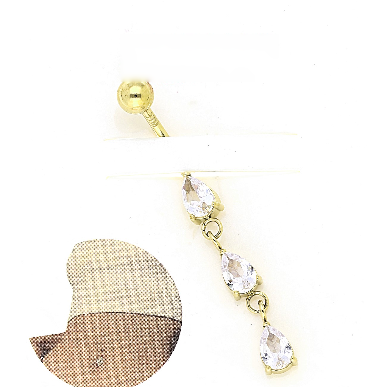 NO1141-88983_01 Cercel piercing pentru buric din oțel inoxidabil placat cu aur de 14 K, model lung atârnător cu 3 zirconii în formă de lacrimă, 45/5 mm, hipoalergenic, Noem® - imagine 1