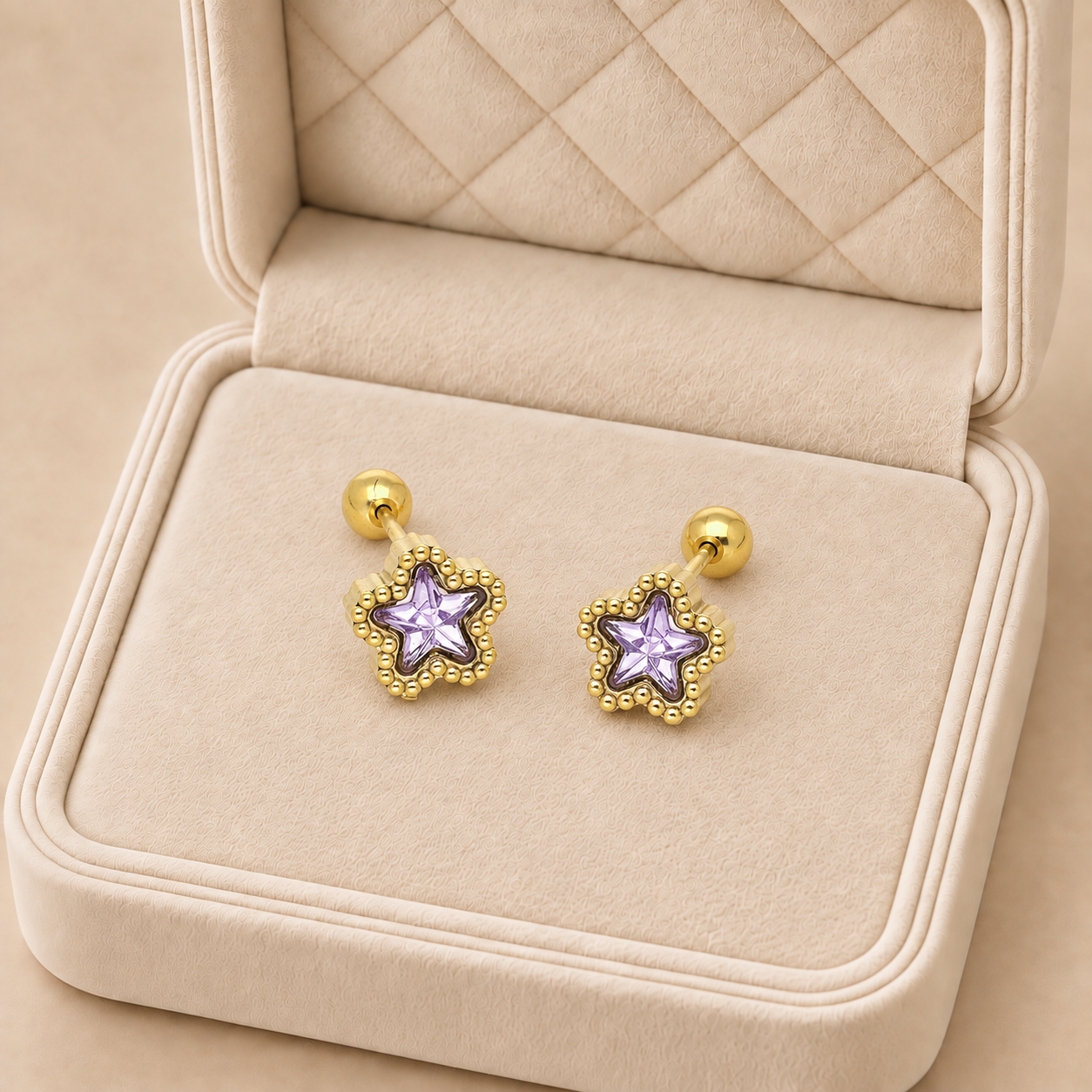 NO1144-63998_01 Cercei piercing din oțel inoxidabil placat cu aur de 14 K, model stea 9 mm cu cristal violet și margine cu biluțe, hipoalergenici, Noem® - imagine 1
