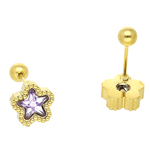 Cercei piercing din oțel inoxidabil placat cu aur de 14 K, model stea 9 mm cu cristal violet și margine cu biluțe, hipoalergenici, Noem®