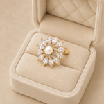 Inel reglabil și rotativ din oțel inoxidabil placat cu aur de 18 K, model floare 19 mm cu perlă și zirconii marquise, hipoalergenic, marimea 7, Noem®