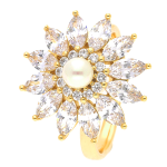Inel reglabil și rotativ din oțel inoxidabil placat cu aur de 18 K, model floare 19 mm cu perlă și zirconii marquise, hipoalergenic, marimea 7, Noem®