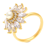 Inel reglabil și rotativ din oțel inoxidabil placat cu aur de 18 K, model floare 19 mm cu perlă și zirconii marquise, hipoalergenic, marimea 7, Noem® - imagine 2