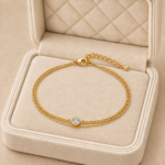 Brățară de picior dublă din oțel inoxidabil placat cu aur de 14 K, lănțișoare suprapuse cu zirconiu central, 21+3.5 cm, Noem®