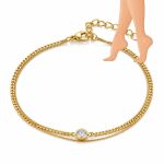Brățară de picior dublă din oțel inoxidabil placat cu aur de 14 K, lănțișoare suprapuse cu zirconiu central, 21+3.5 cm, Noem® - imagine 2
