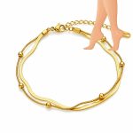 Brățară de picior dublă din oțel inoxidabil placat cu aur de 14 K, model cu lănțișoare suprapuse și mărgele aurii, grosime 3 mm, 23+4.5 cm, Noem® - imagine 2