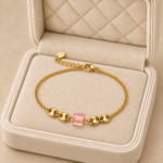 Brățară pentru gleznă din oțel inoxidabil placat cu aur de 14 K, design fin cu piatră centrală roz, lungime 22+3 cm, Noem®
