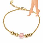 Brățară pentru gleznă din oțel inoxidabil placat cu aur de 14 K, design fin cu piatră centrală roz, lungime 22+3 cm, Noem® - imagine 2