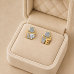 Cercei damă asimetrici din oțel inoxidabil placat cu aur de 18 K, model LOVE cu zirconiu în formă de inimă, 1.3 x 0.9 cm, Noem®