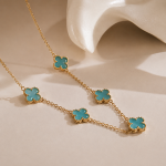 Colier damă din oțel inoxidabil placat cu aur de 14 K, model cu pandantive trifoi turcoaz, elemente de 9 mm, lungime 44+5 cm, Noem® - imagine 2