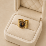 Inel damă reglabil din oțel inoxidabil placat cu aur de 14 K, bandă lată cu piatră semiprețioasă Ochi de Tigru, lățime 1.9 cm, Noem®